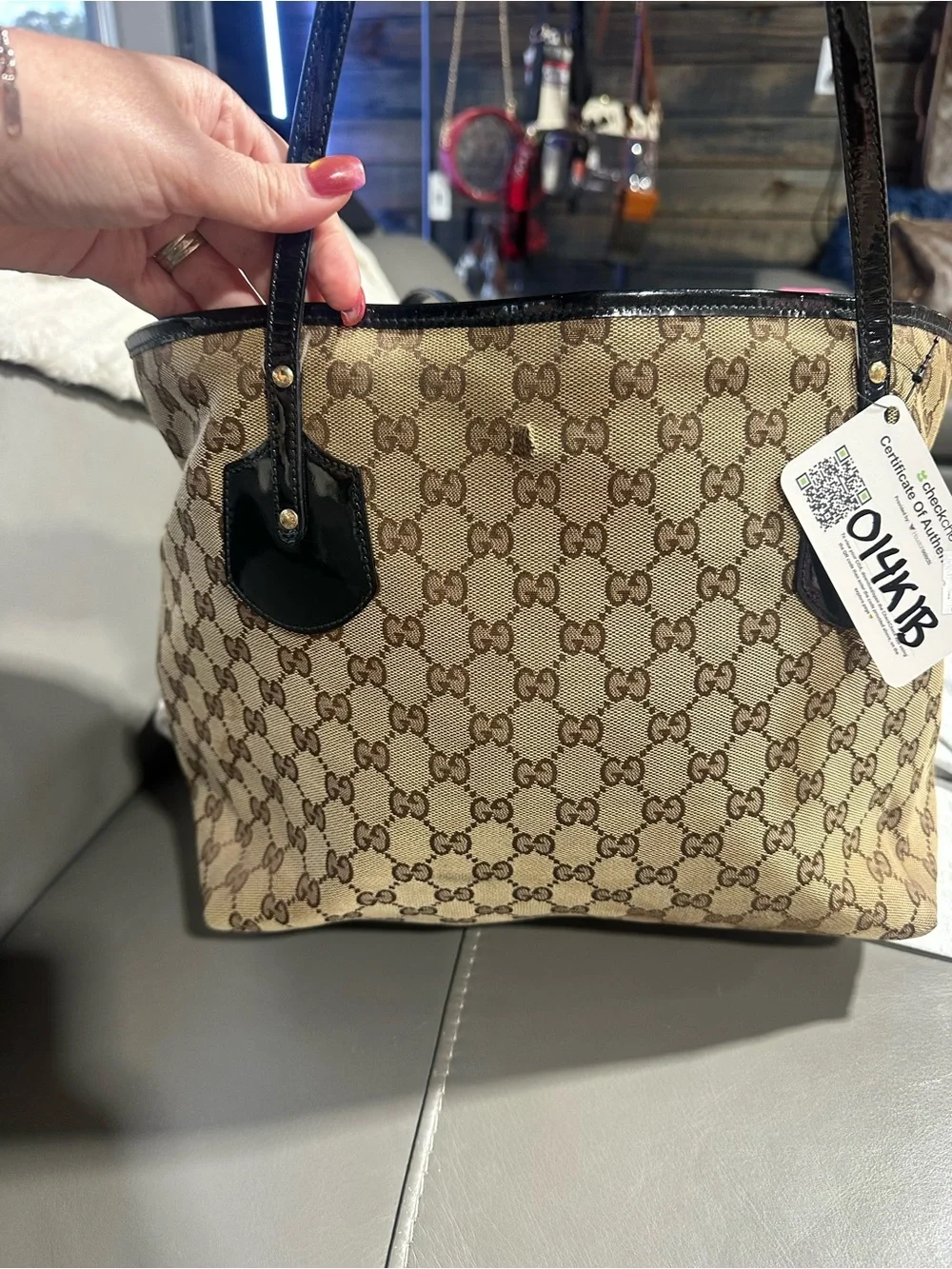 Gucci Beige GG Canvas Tote Bag with Black Patent Trim with COA